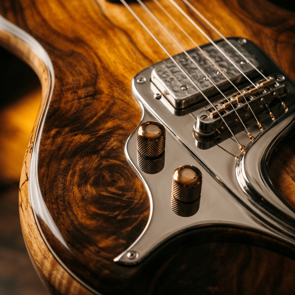 Close-up of a wooden electric guitar with chrome hardware and strings